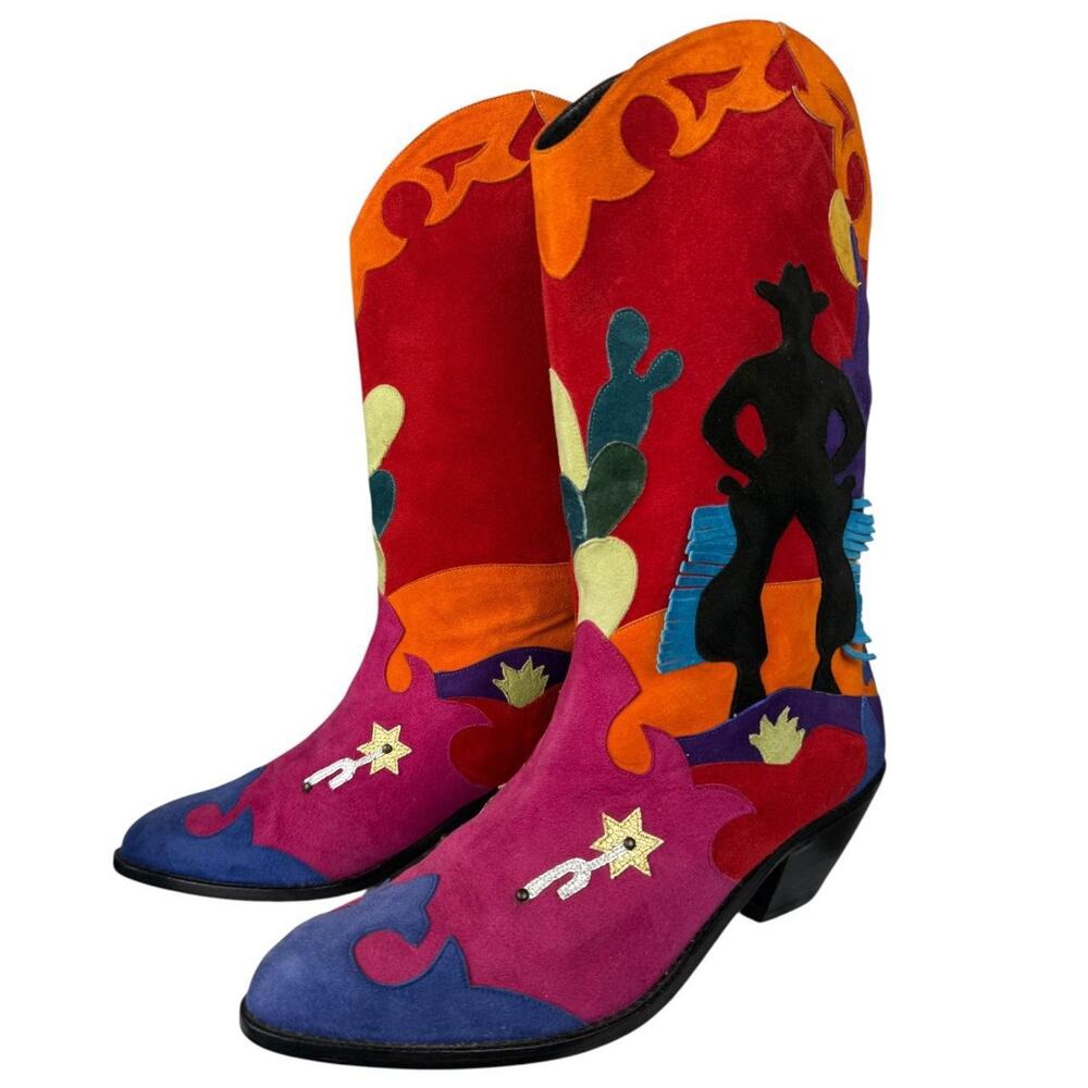 Unique Vintage Zalo Spain Multicolored Suede Cowboy Boots 8M - Picture 2 of 7